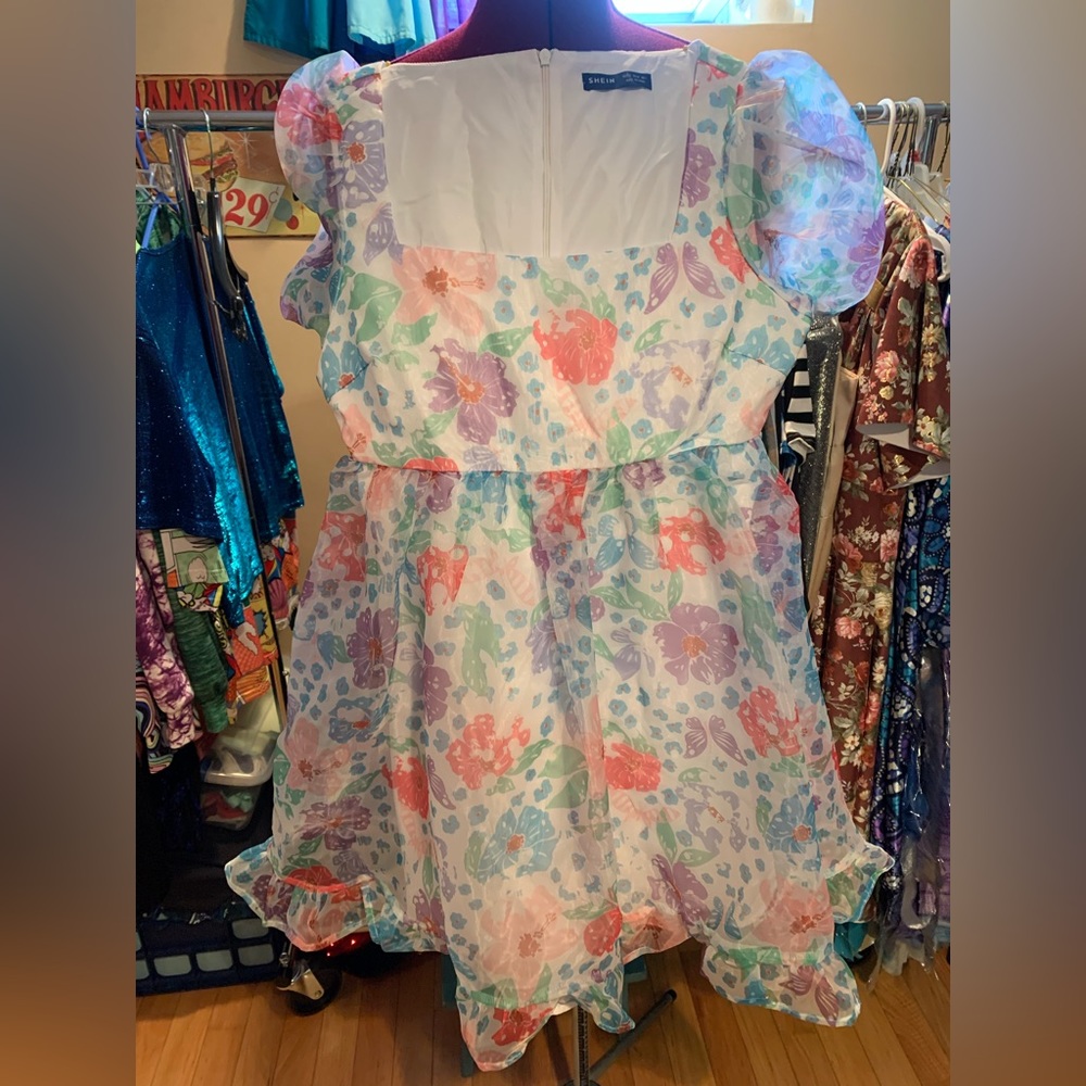 Shein Floral Organza Mini Dress with puff sleeves & ruffled trim